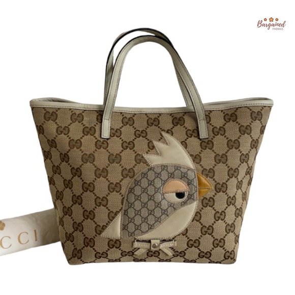 Authentic GUCCI Brown GG Monogram Canvas Cream Leather Mini Zoo Bird Tote Bag